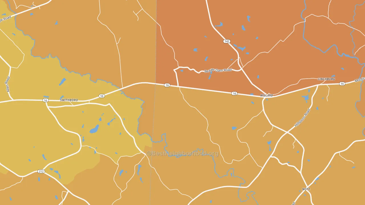 Map of the best neighborhoods in the Willard area, with better matches in green and worse matches in red
