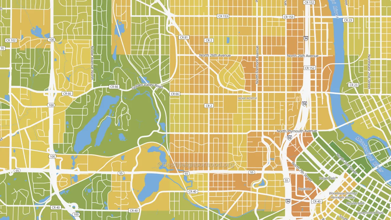 Map of the best neighborhoods in the Willard-Hay, Minneapolis area, with better matches in green and worse matches in red