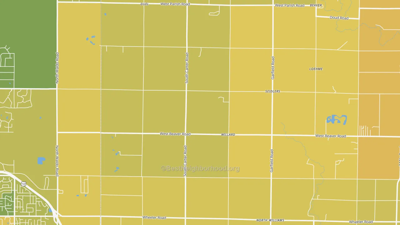 Map of the best neighborhoods in the Willard area, with better matches in green and worse matches in red