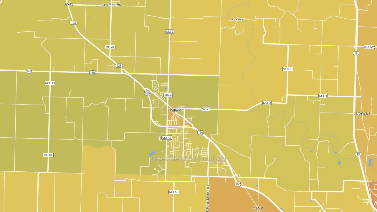 Map of the best neighborhoods in the Willard area, with better matches in green and worse matches in red