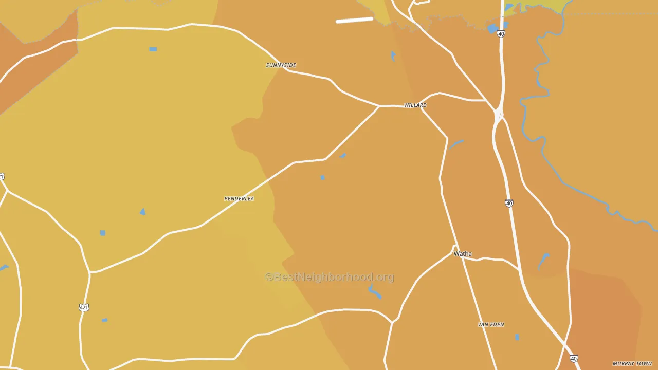 Map of the best neighborhoods in the Willard area, with better matches in green and worse matches in red