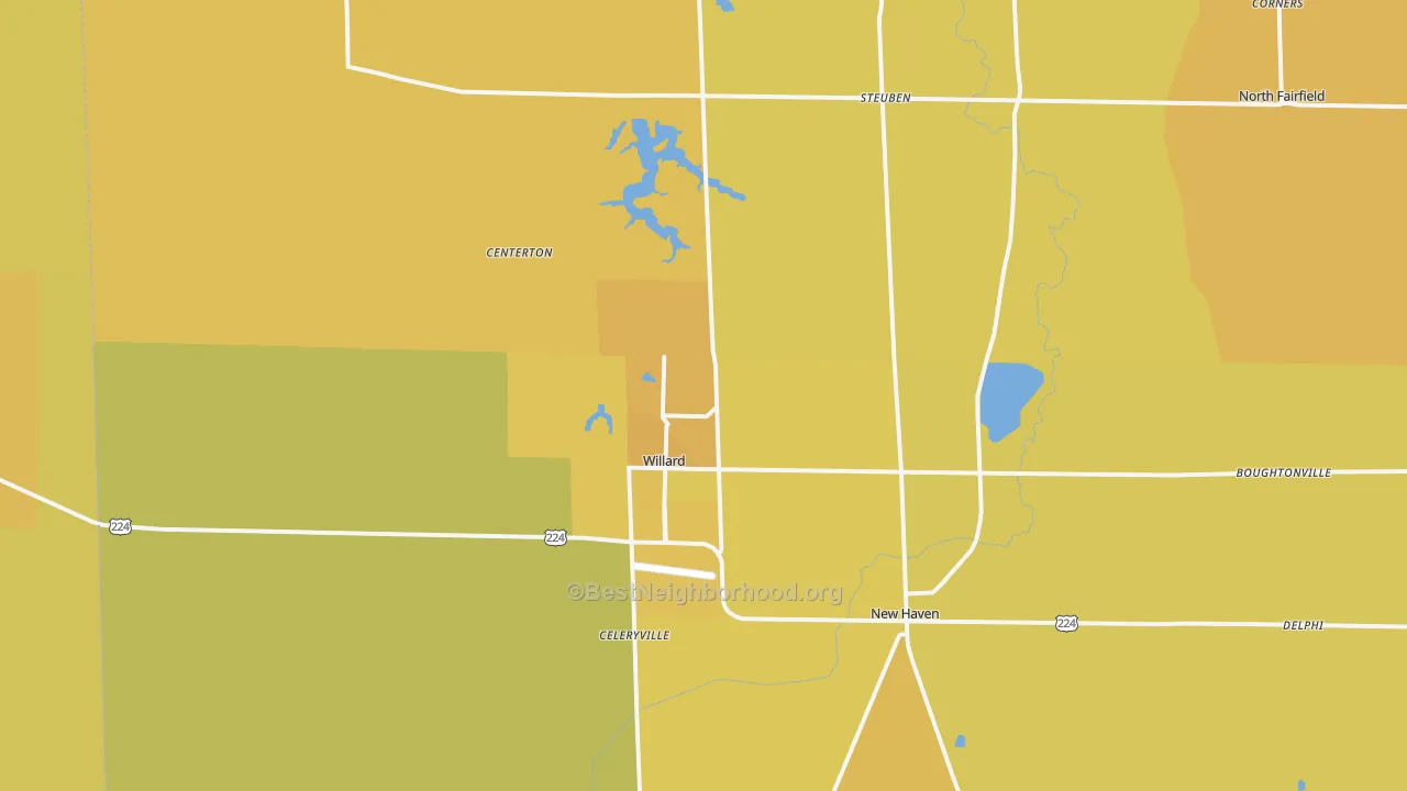 Map of the best neighborhoods in the Willard area, with better matches in green and worse matches in red
