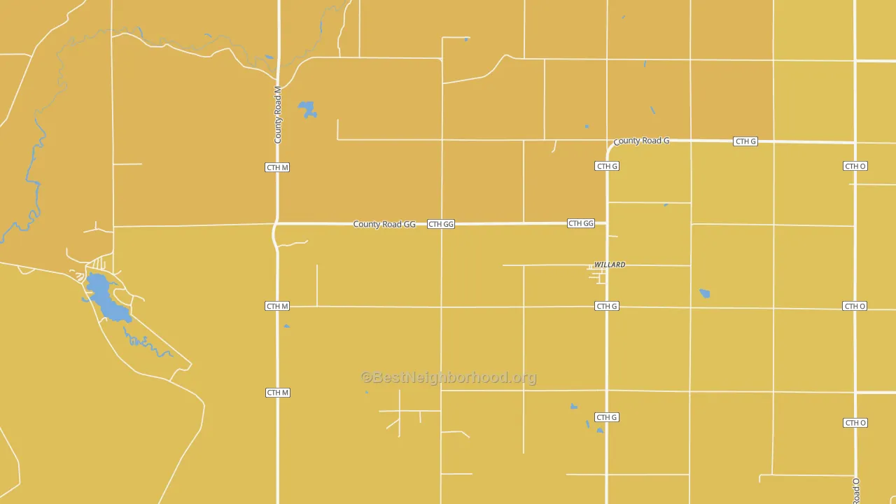 Map of the best neighborhoods in the Willard area, with better matches in green and worse matches in red
