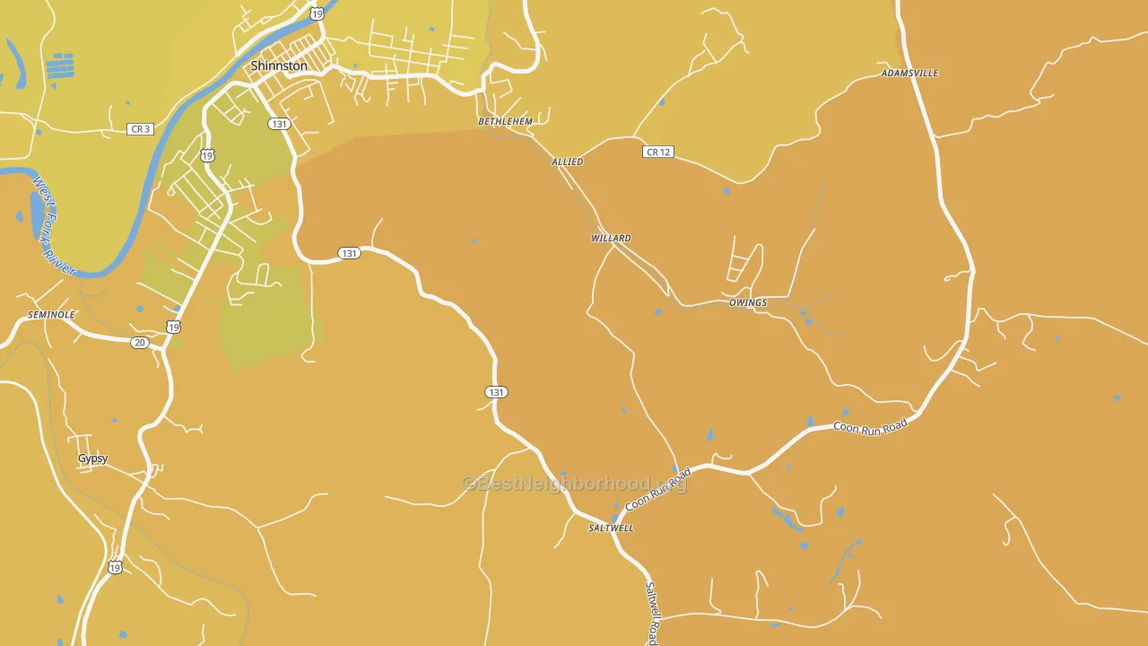 Map of the best neighborhoods in the Willard area, with better matches in green and worse matches in red