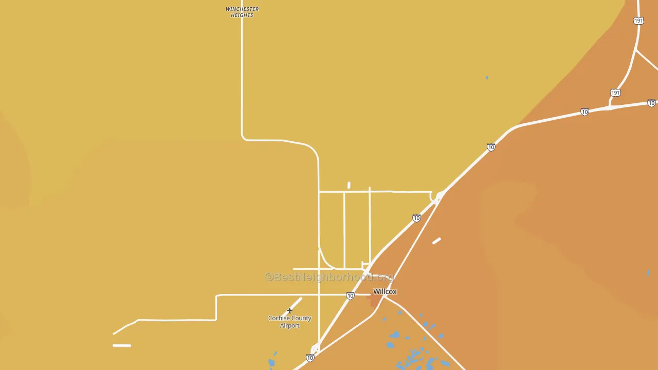 Map of the best neighborhoods in the Willcox area, with better matches in green and worse matches in red