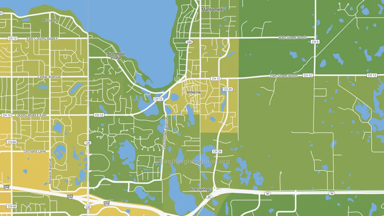 Map of the best neighborhoods in the Willernie area, with better matches in green and worse matches in red