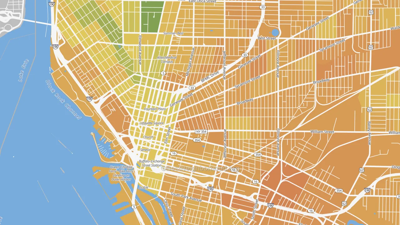 Map of the best neighborhoods in the Willert Park, Buffalo area, with better matches in green and worse matches in red