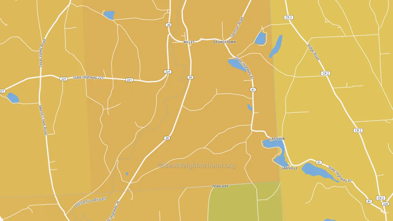 Map of the best neighborhoods in the Willet area, with better matches in green and worse matches in red