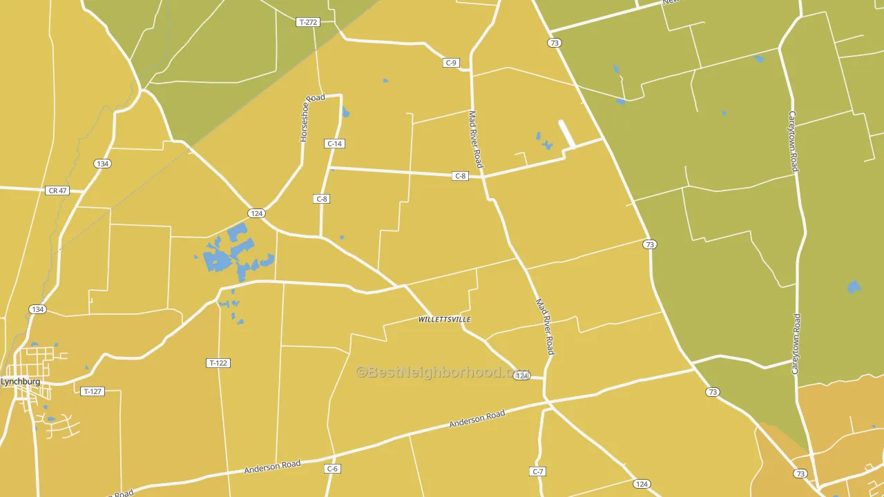Map of the best neighborhoods in the Willettsville area, with better matches in green and worse matches in red
