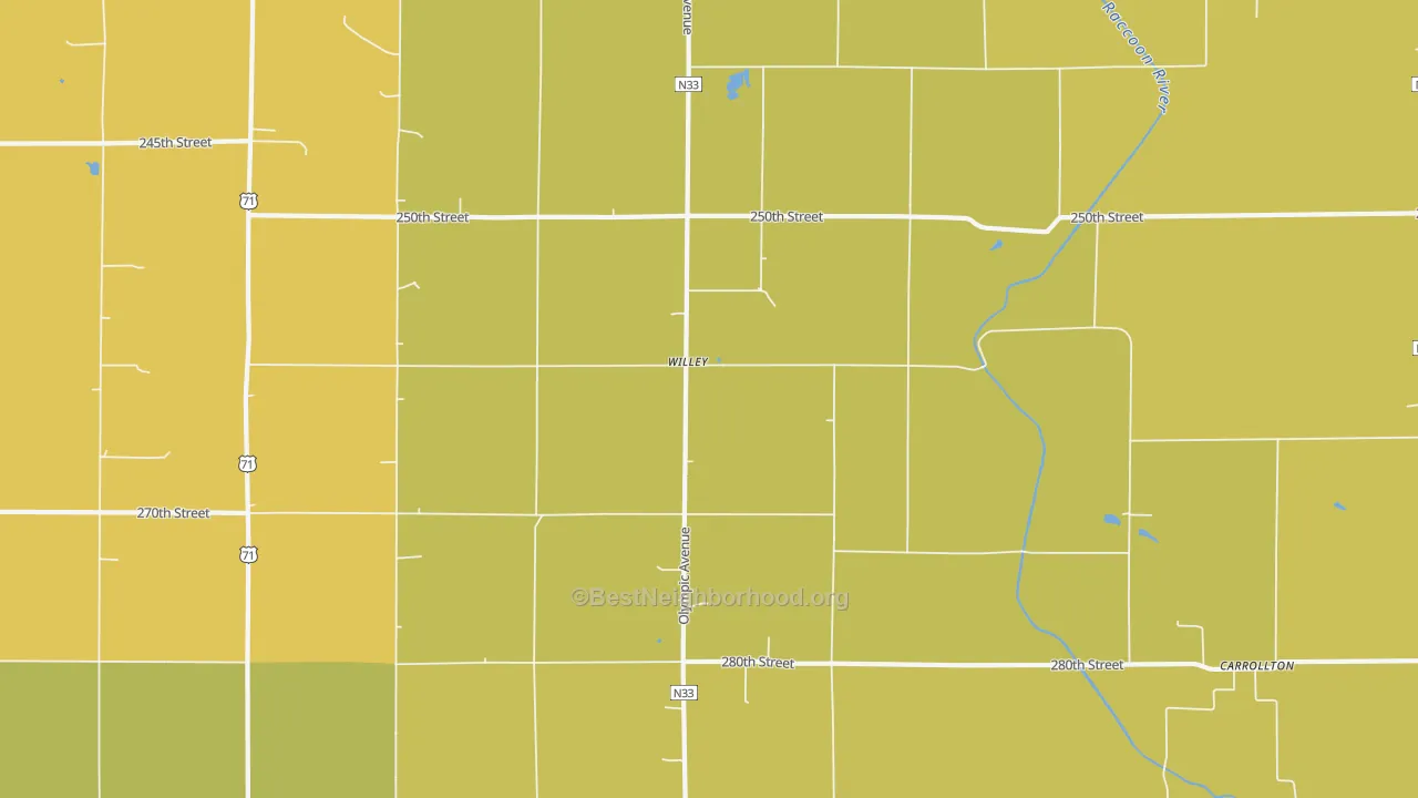 Map of the best neighborhoods in the Willey area, with better matches in green and worse matches in red