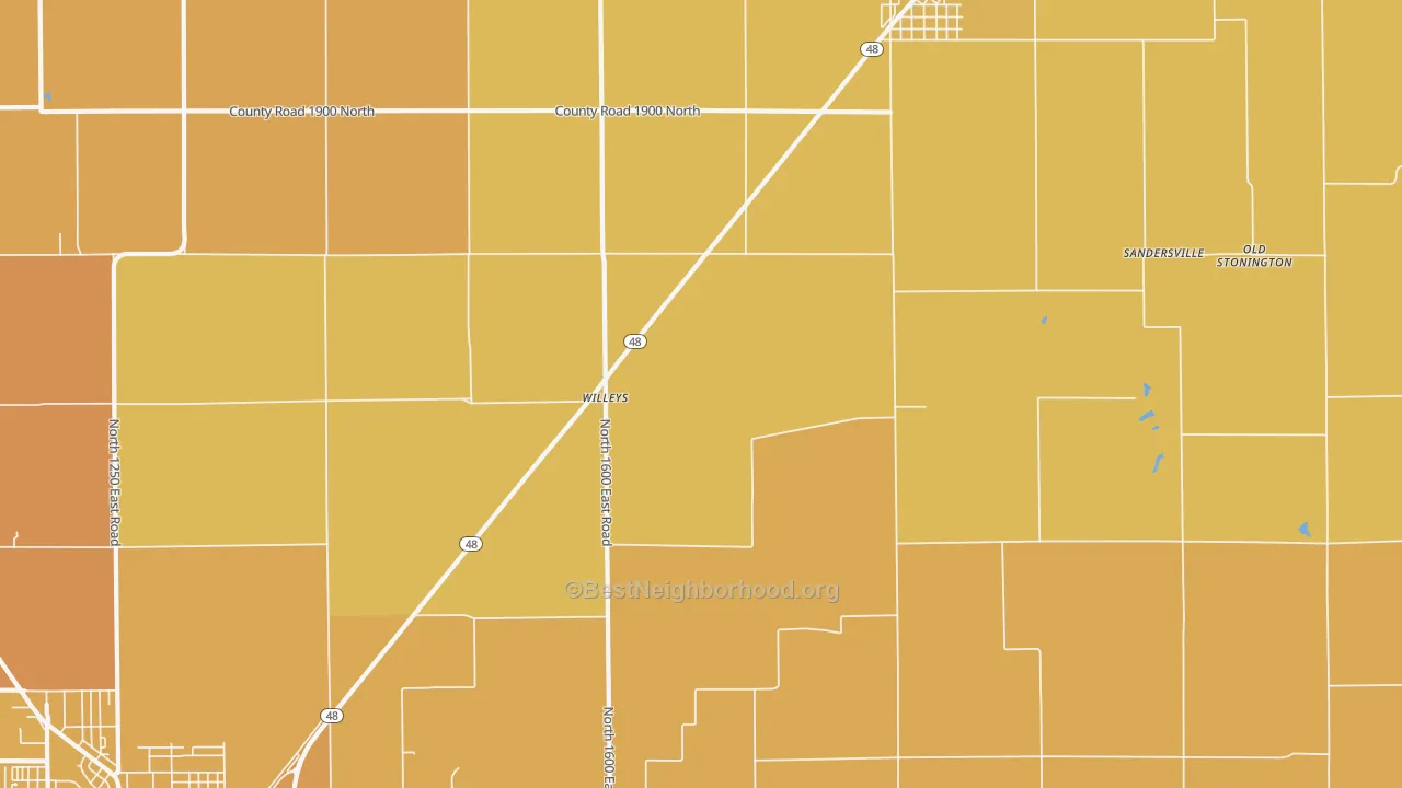 Map of the best neighborhoods in the Willeys area, with better matches in green and worse matches in red