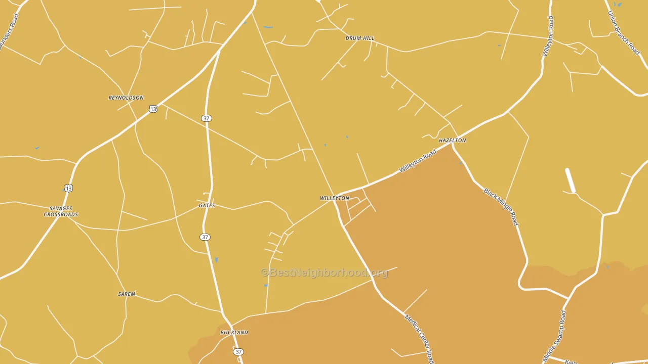 Map of the best neighborhoods in the Willeyton area, with better matches in green and worse matches in red