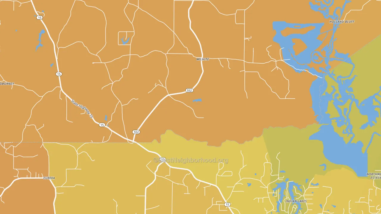 Map of the best neighborhoods in the Willhite area, with better matches in green and worse matches in red