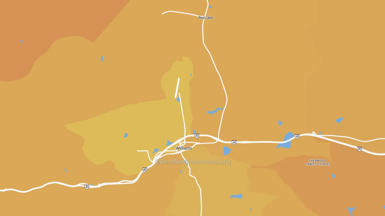 Map of the best neighborhoods in the Williams area, with better matches in green and worse matches in red