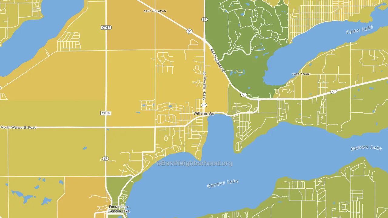 Map of the best neighborhoods in the Williams Bay area, with better matches in green and worse matches in red
