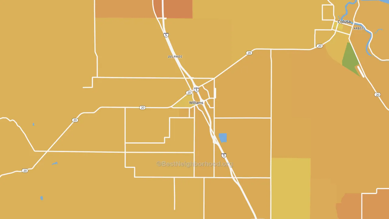 Map of the best neighborhoods in the Williams area, with better matches in green and worse matches in red