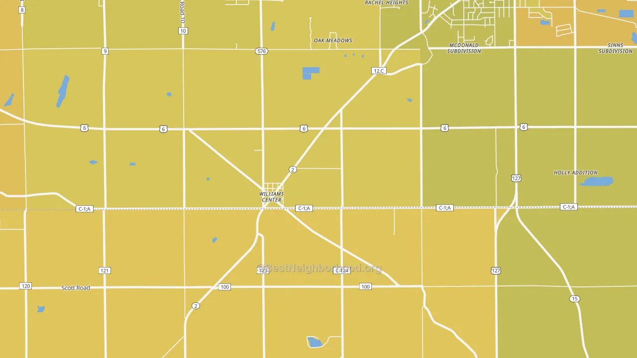Map of the best neighborhoods in the Williams Center area, with better matches in green and worse matches in red