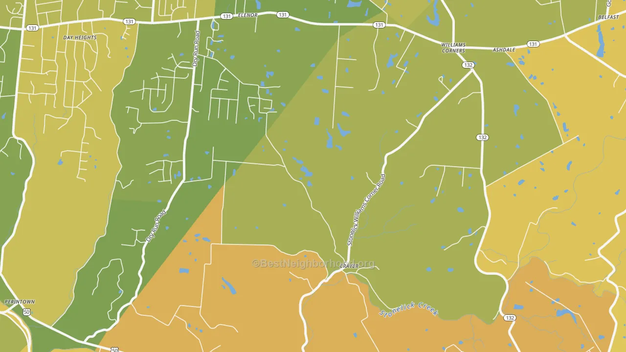 Map of the best neighborhoods in the Williams Corner area, with better matches in green and worse matches in red