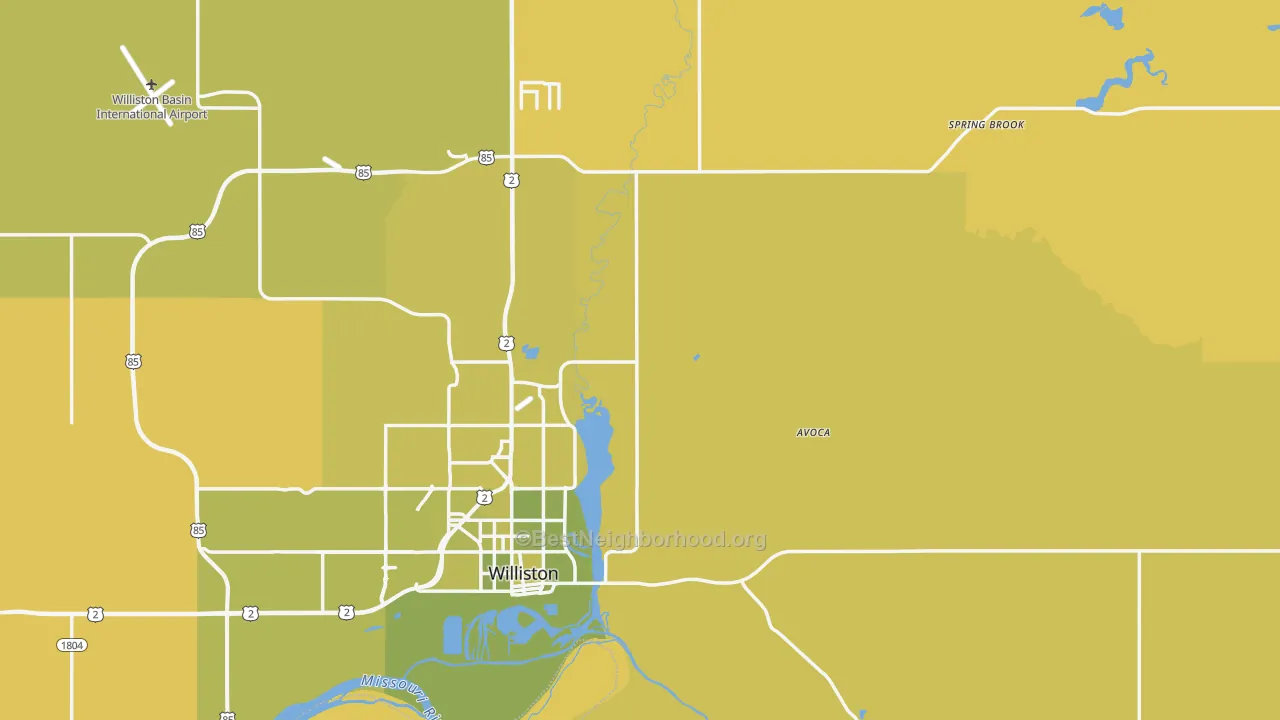 Map of the best neighborhoods in the Williams County area, with better matches in green and worse matches in red