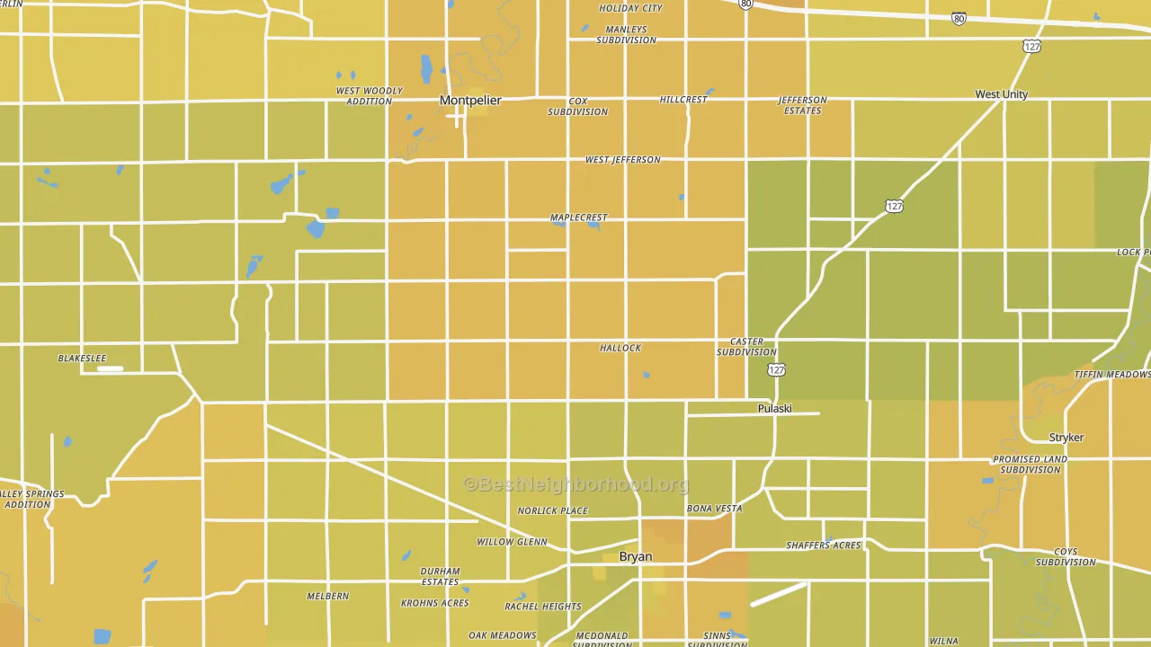 Map of the best neighborhoods in the Williams County area, with better matches in green and worse matches in red