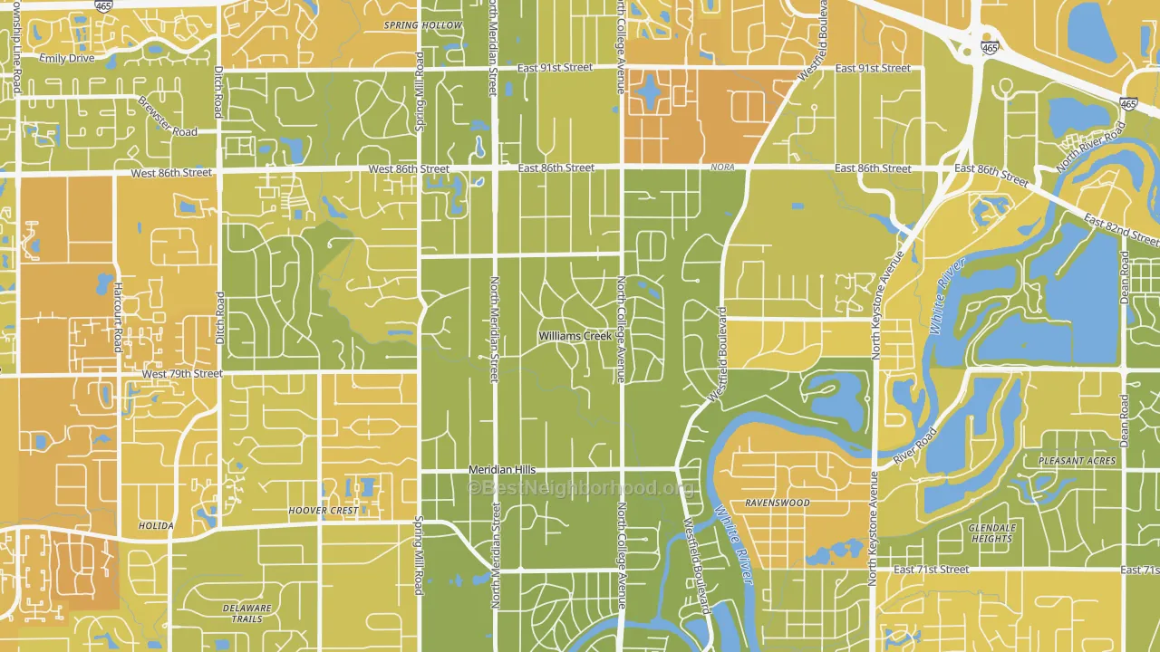 Map of the best neighborhoods in the Williams Creek area, with better matches in green and worse matches in red