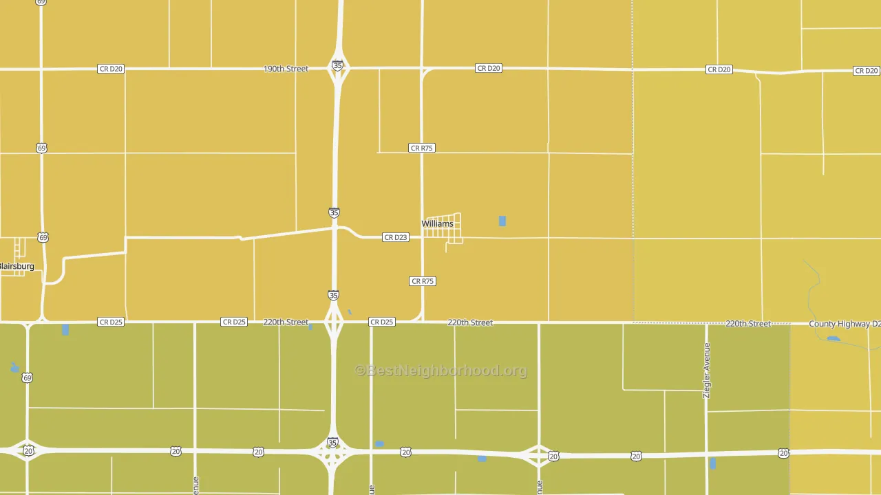 Map of the best neighborhoods in the Williams area, with better matches in green and worse matches in red