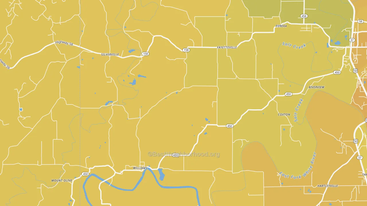 Map of the best neighborhoods in the Williams area, with better matches in green and worse matches in red