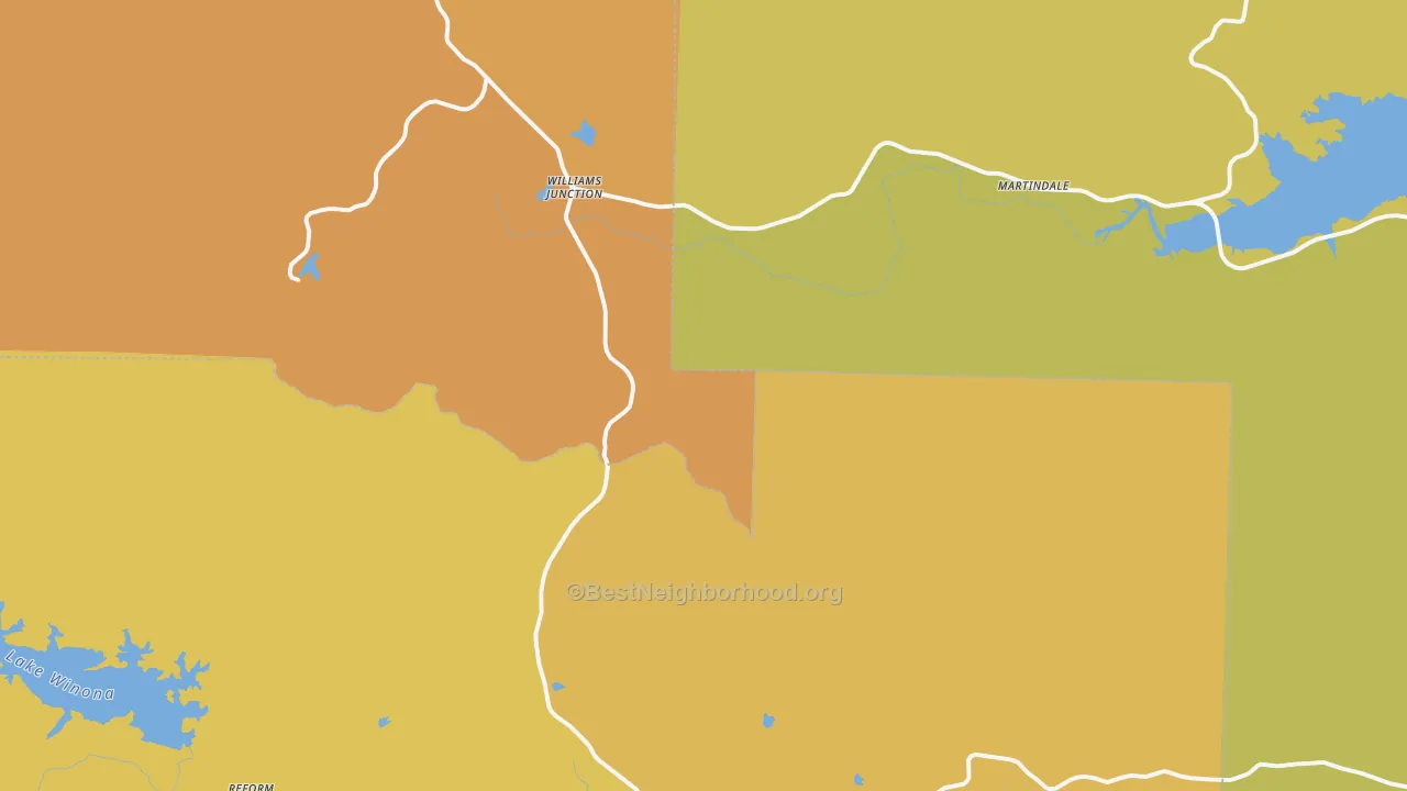 Map of the best neighborhoods in the Williams Junction area, with better matches in green and worse matches in red