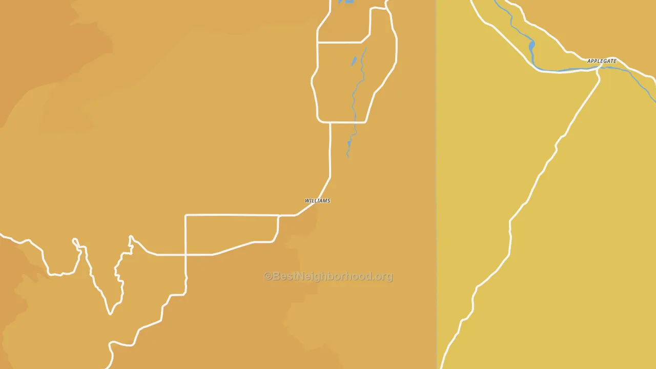 Map of the best neighborhoods in the Williams area, with better matches in green and worse matches in red