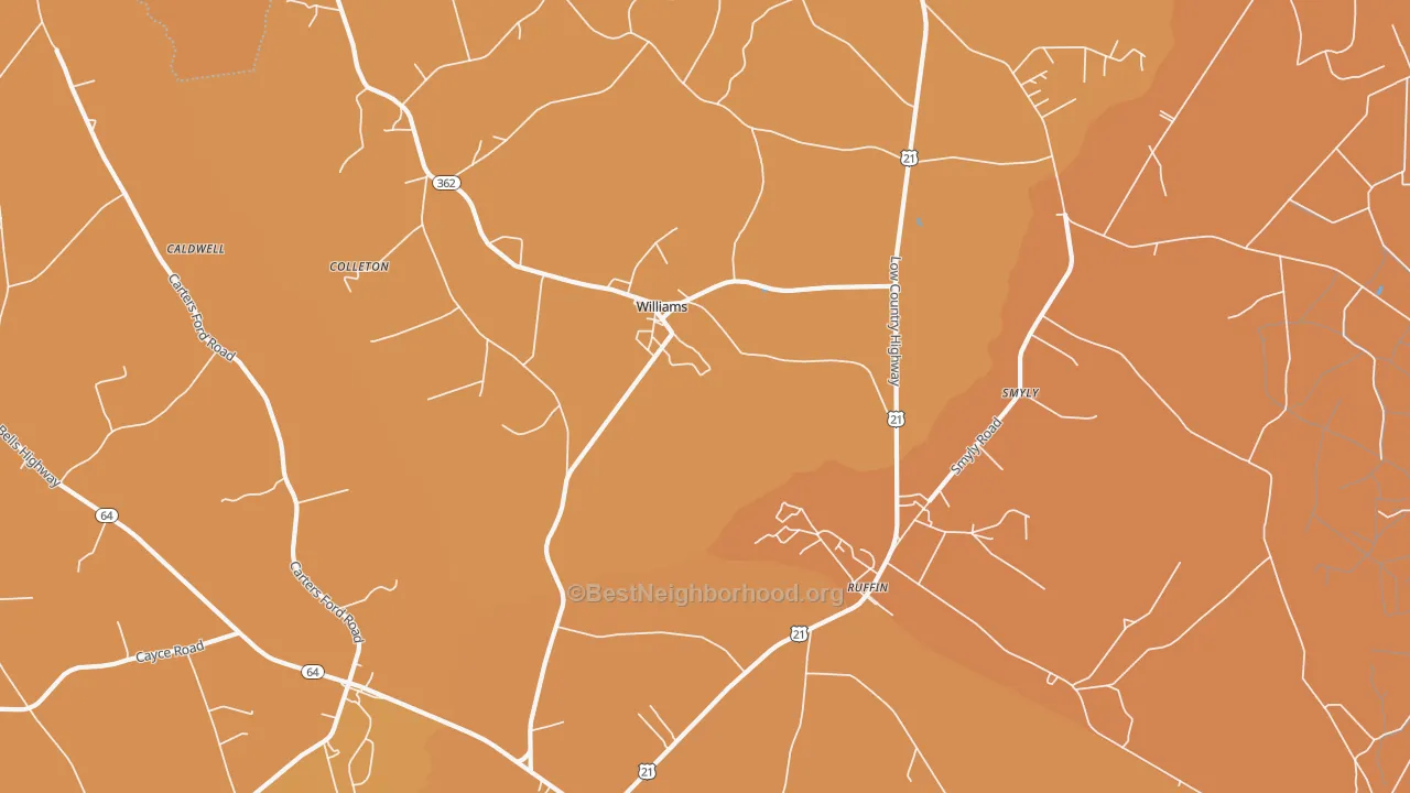 Map of the best neighborhoods in the Williams area, with better matches in green and worse matches in red