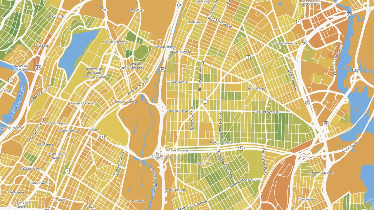 Map of the best neighborhoods in the Williamsbridge, Bronx area, with better matches in green and worse matches in red