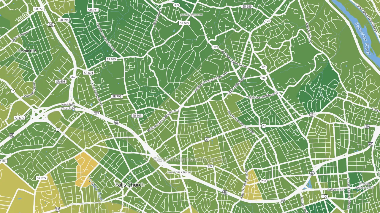 Map of the best neighborhoods in the Williamsburg, Arlington area, with better matches in green and worse matches in red