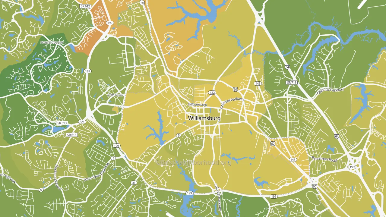 Map of the best neighborhoods in the Williamsburg City area, with better matches in green and worse matches in red