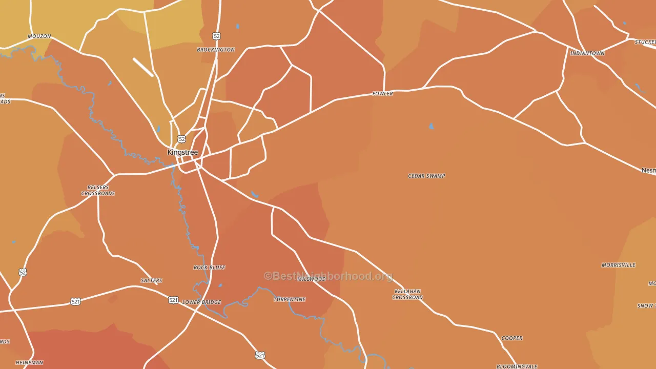 Map of the best neighborhoods in the Williamsburg County area, with better matches in green and worse matches in red