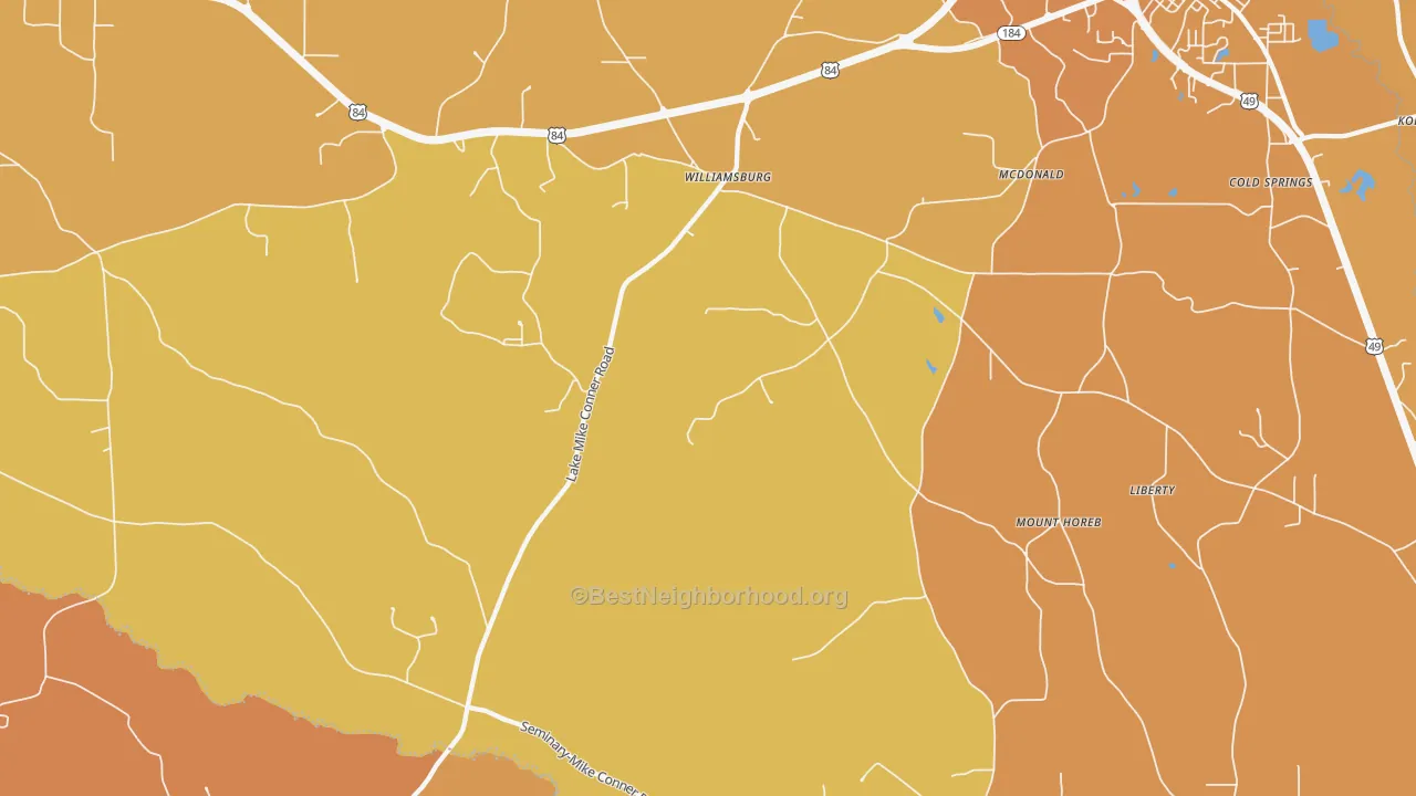 Map of the best neighborhoods in the Williamsburg area, with better matches in green and worse matches in red