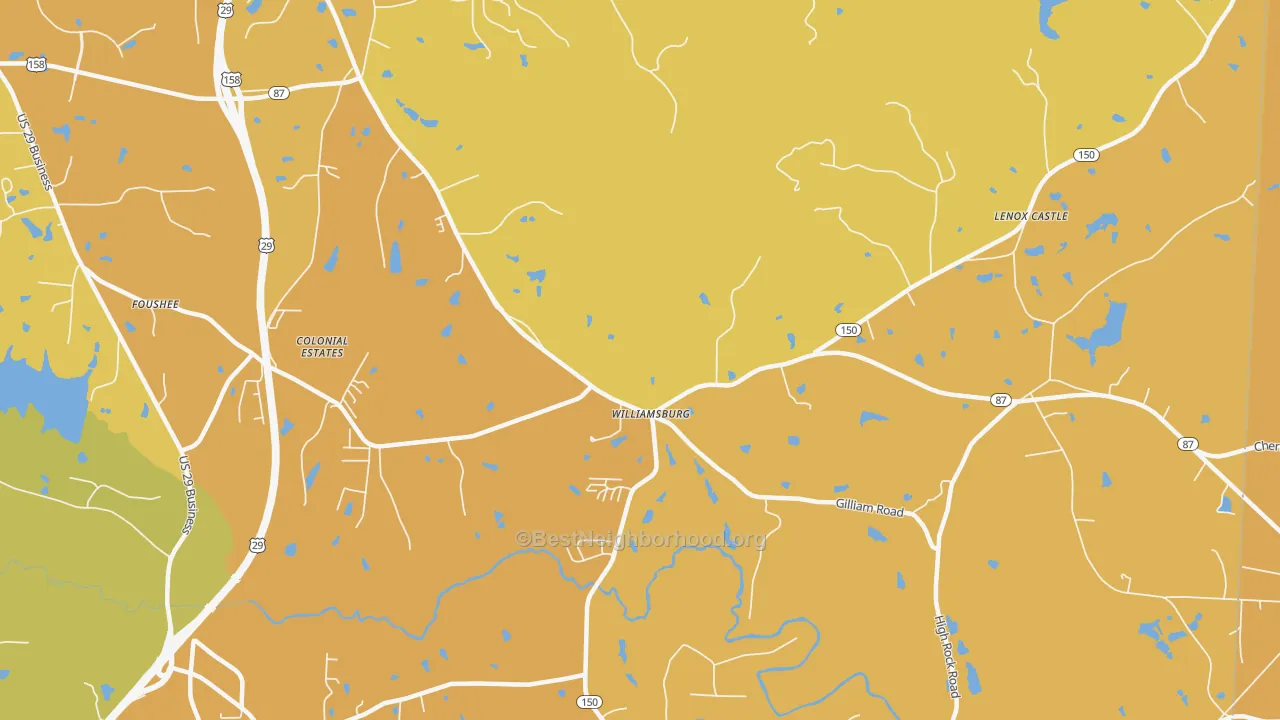 Map of the best neighborhoods in the Williamsburg area, with better matches in green and worse matches in red