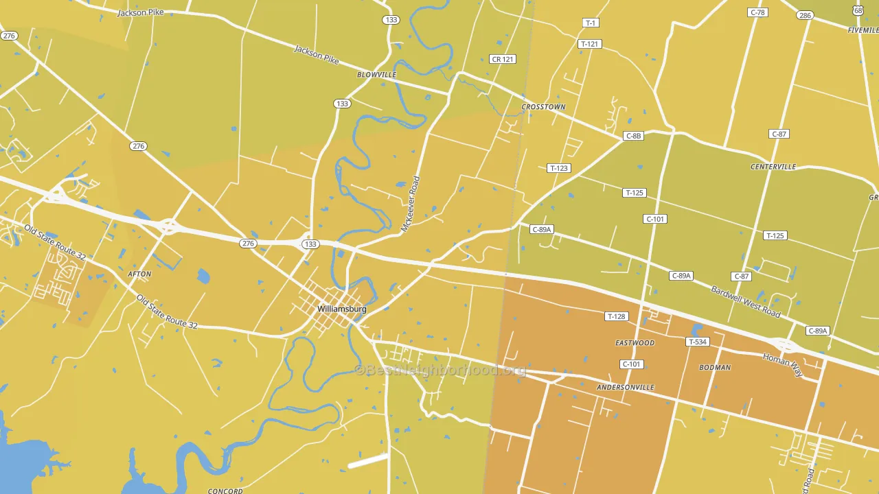 Map of the best neighborhoods in the Williamsburg area, with better matches in green and worse matches in red