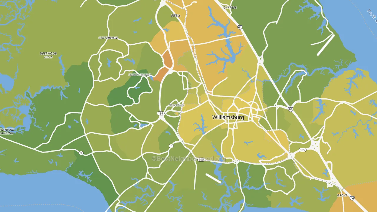 Map of the best neighborhoods in the Williamsburg area, with better matches in green and worse matches in red