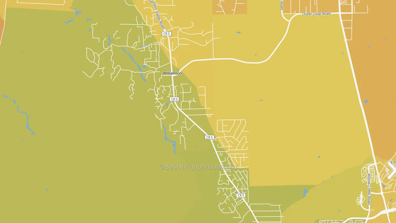 Map of the best neighborhoods in the Williamson area, with better matches in green and worse matches in red