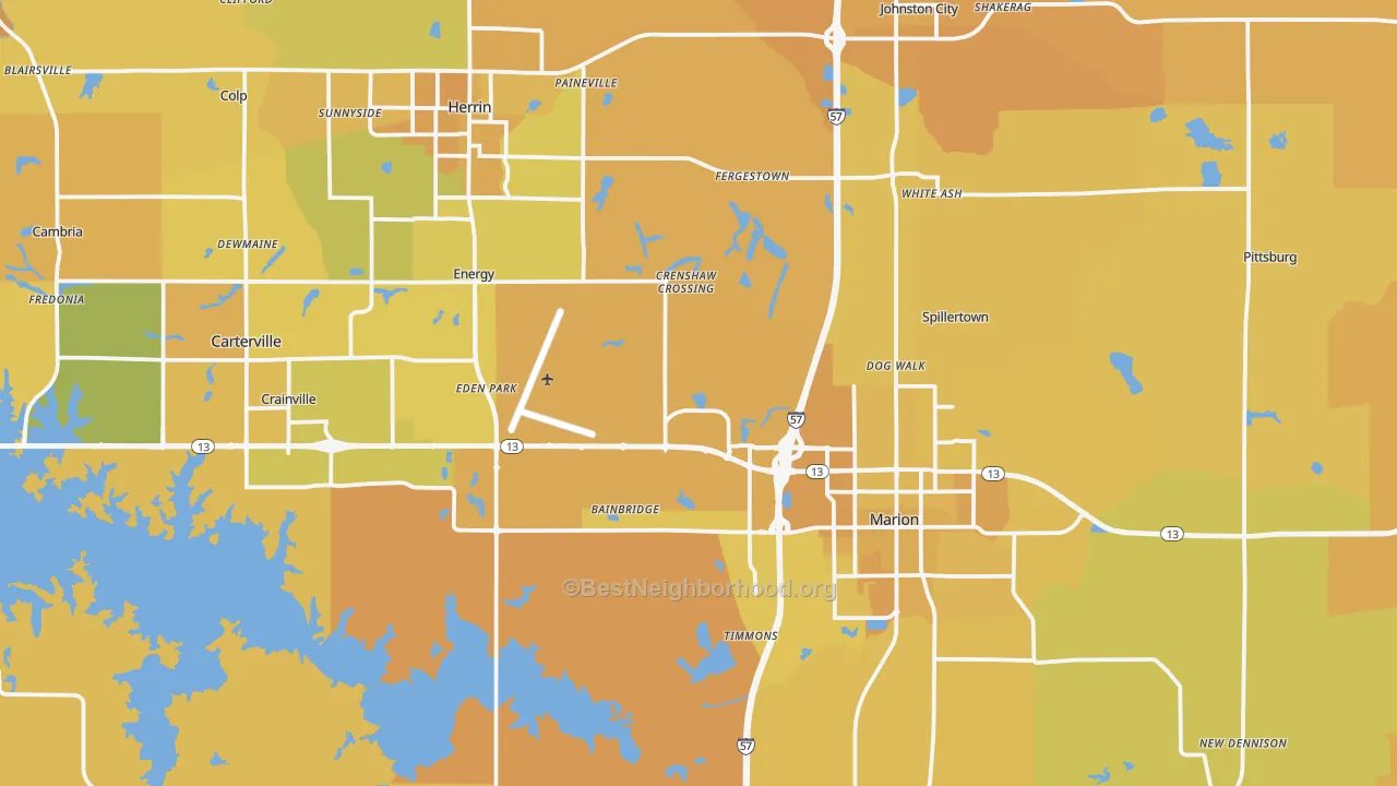 Map of the best neighborhoods in the Williamson County area, with better matches in green and worse matches in red