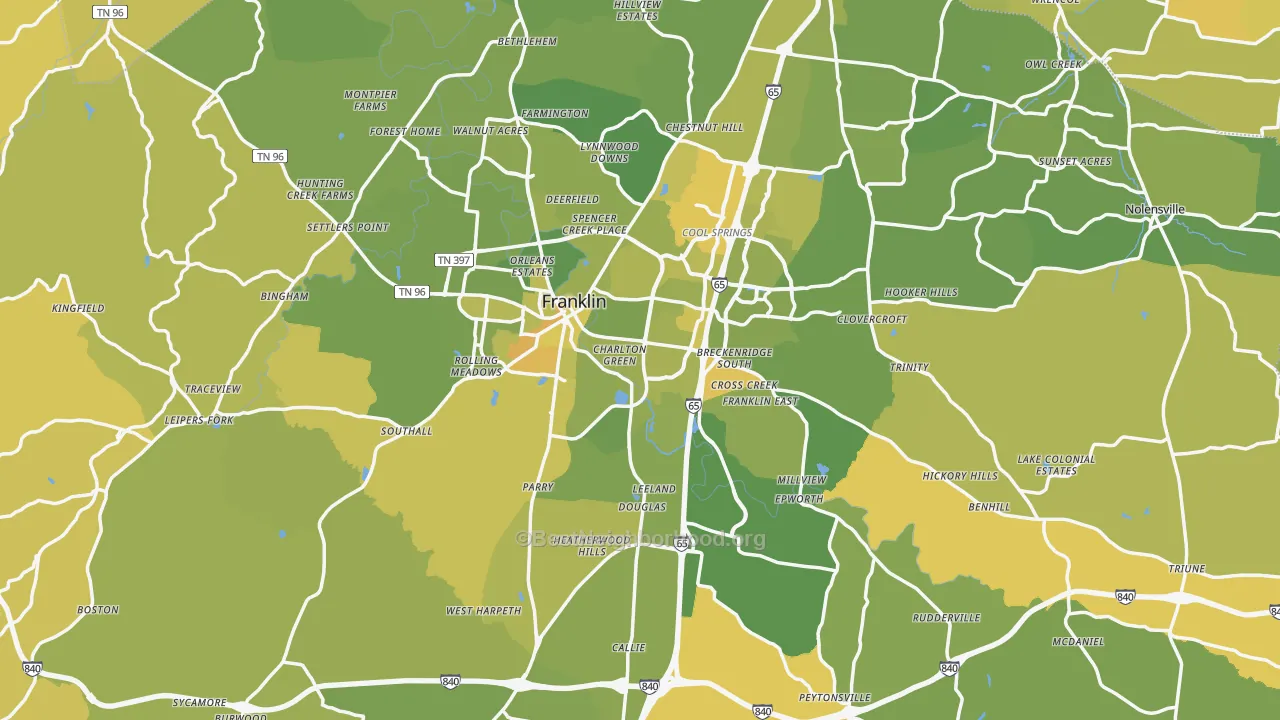 Map of the best neighborhoods in the Williamson County area, with better matches in green and worse matches in red