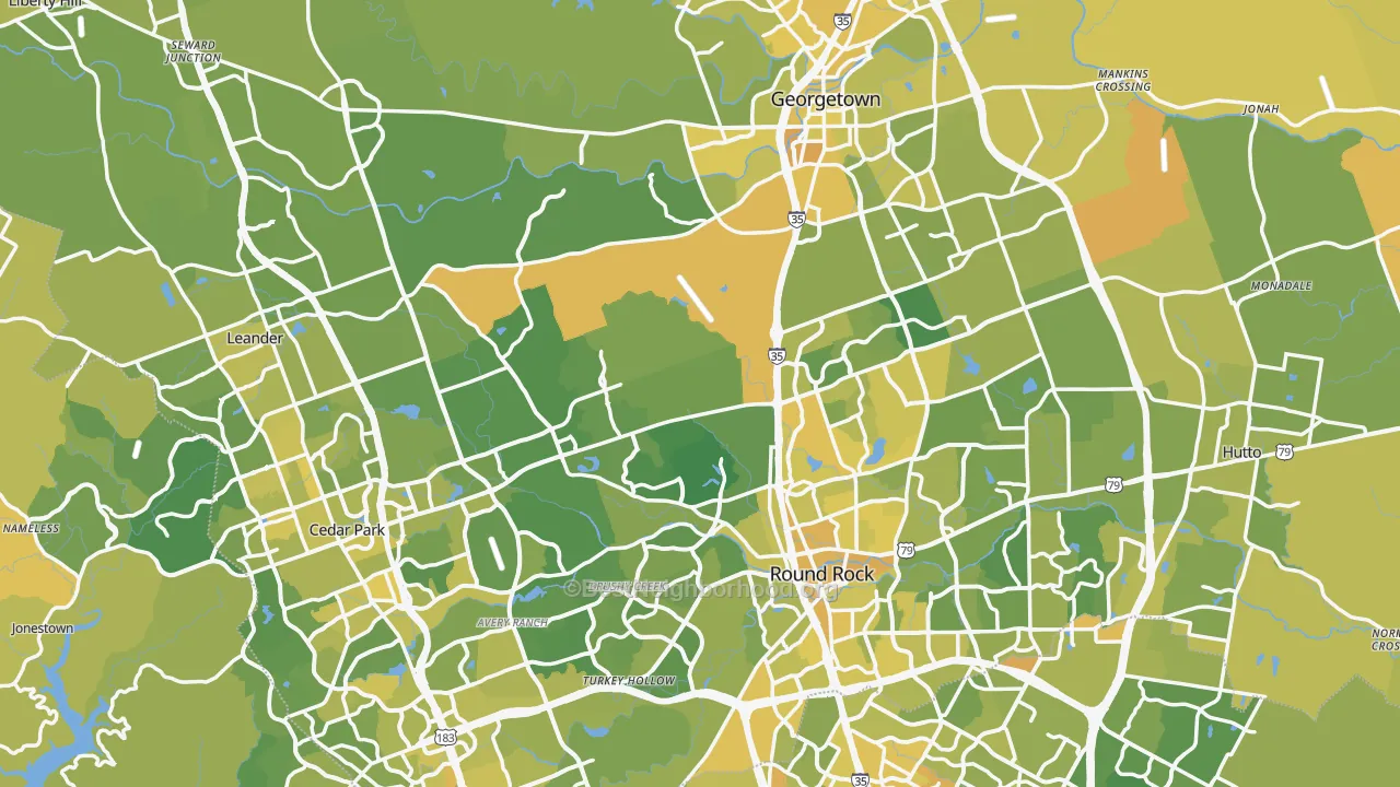 Map of the best neighborhoods in the Williamson County area, with better matches in green and worse matches in red