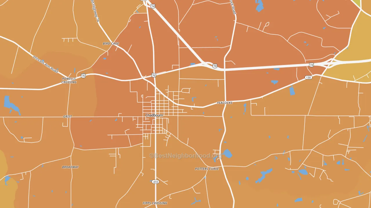 Map of the best neighborhoods in the Williamson Crossroads area, with better matches in green and worse matches in red