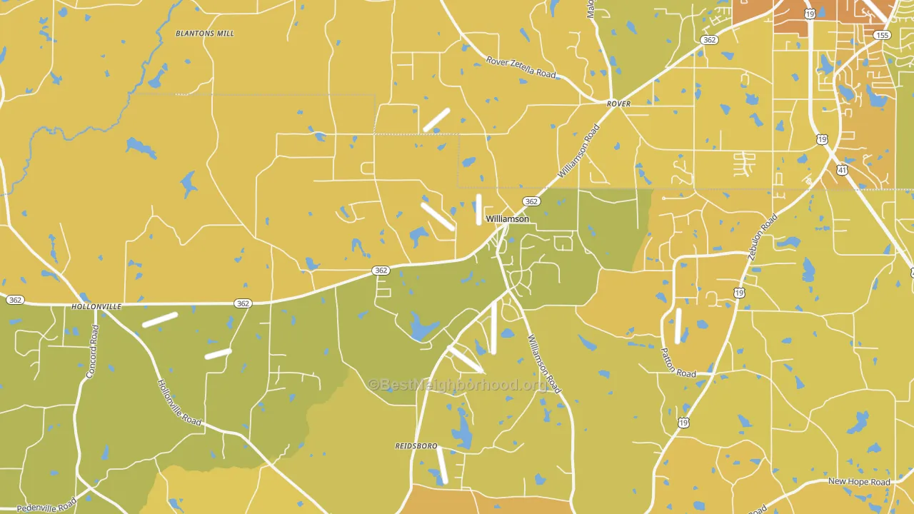 Map of the best neighborhoods in the Williamson area, with better matches in green and worse matches in red