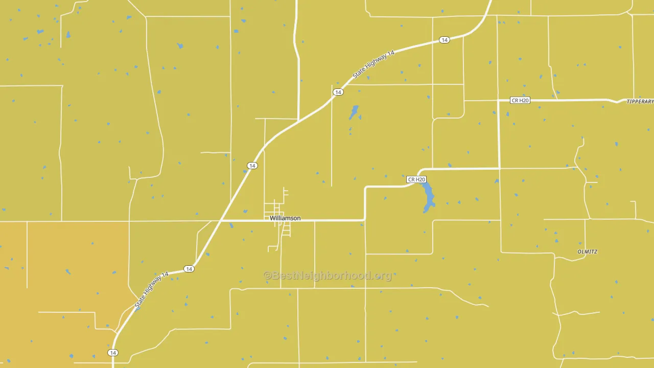 Map of the best neighborhoods in the Williamson area, with better matches in green and worse matches in red