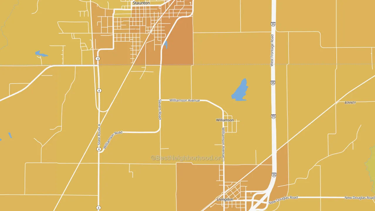 Map of the best neighborhoods in the Williamson area, with better matches in green and worse matches in red