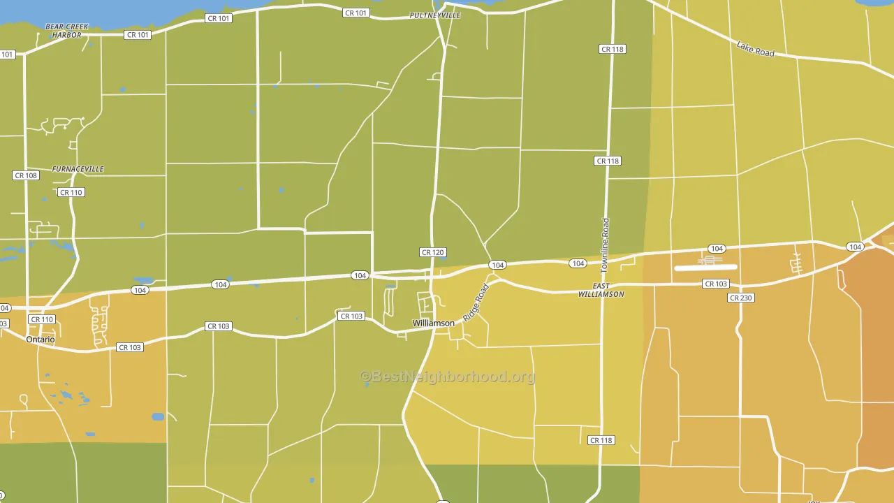 Map of the best neighborhoods in the Williamson area, with better matches in green and worse matches in red