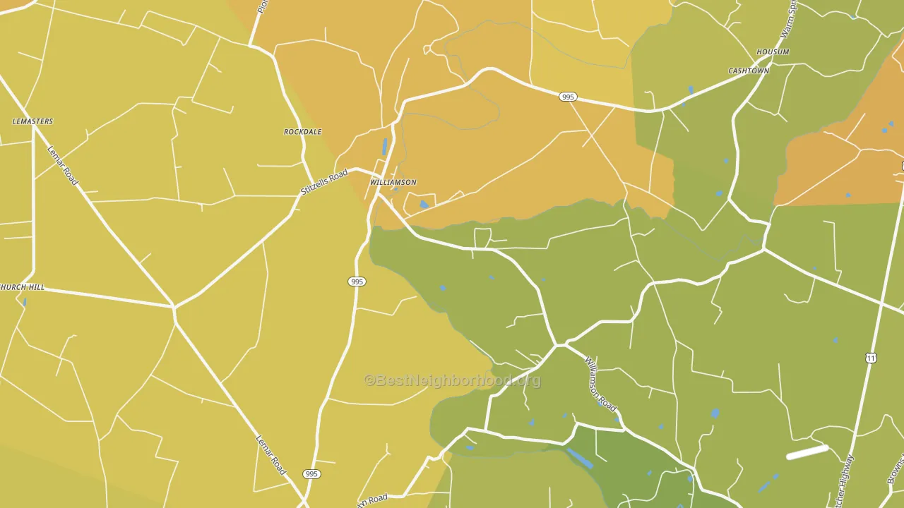 Map of the best neighborhoods in the Williamson area, with better matches in green and worse matches in red