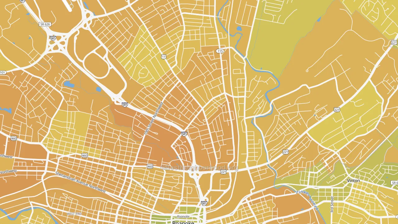 Map of the best neighborhoods in the Williamson Road, Roanoke area, with better matches in green and worse matches in red