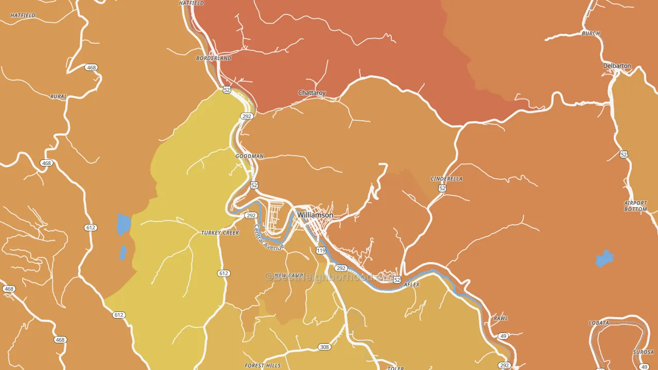 Map of the best neighborhoods in the Williamson area, with better matches in green and worse matches in red